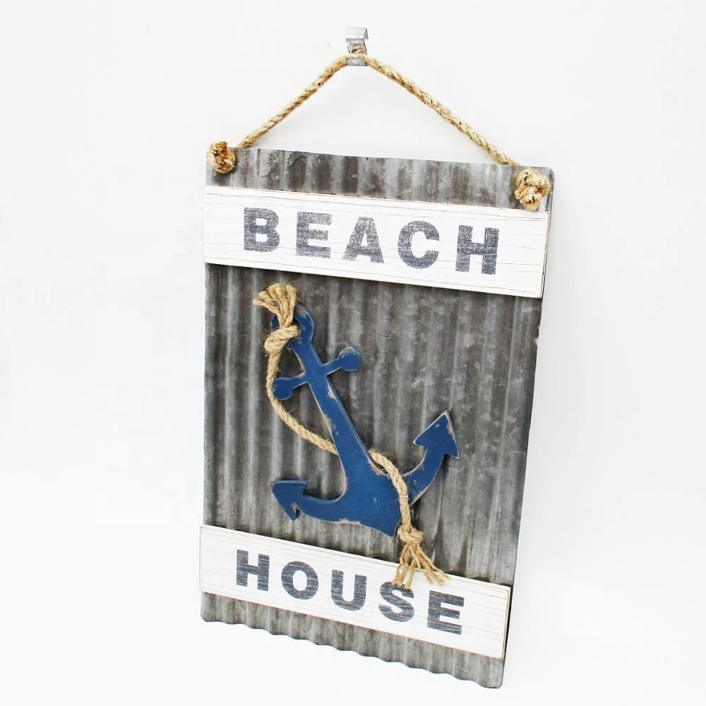 High Quality Nautical Rustic Drop in Anchor Metal Wall Hanging Decoration with Burlap Strings and Beach House Sign