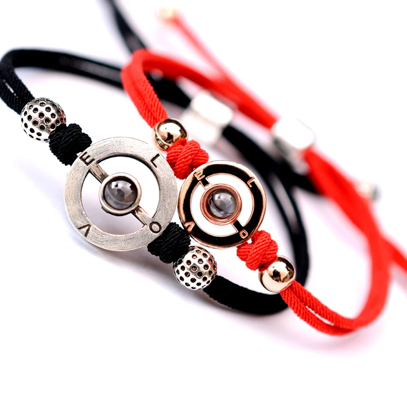 
LONGJIE factory direct wholesale 100 languages of I love you 925 silver bangle rose gold unisex couples handmade rope bracelet 