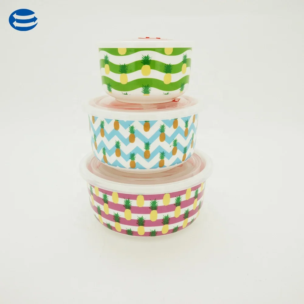 
Hot sale set of 3 ceramic round fresh bowl porcelain Soup Bowl Fruit lunch box With Cover 