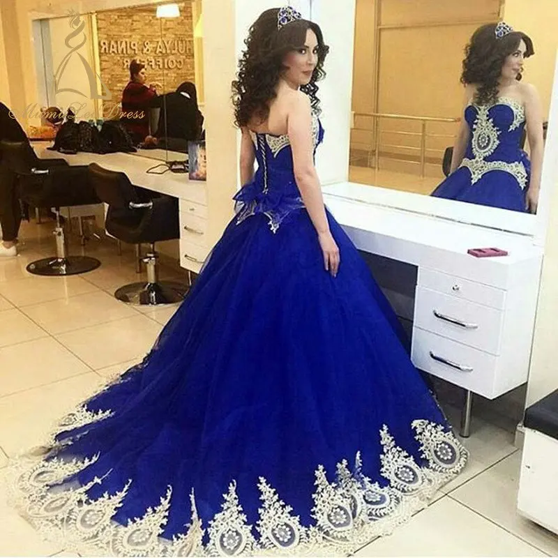 And White Strapless Ball Gown Tulle Peplum Lace Appliqued Royal Blue Pakistani Wedding Dress