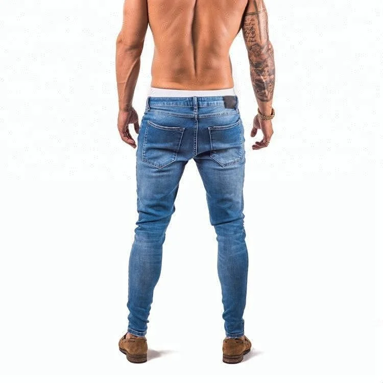Royal wolf denim garment factory blue vintage acid wash destroyed hole slim jeans for men