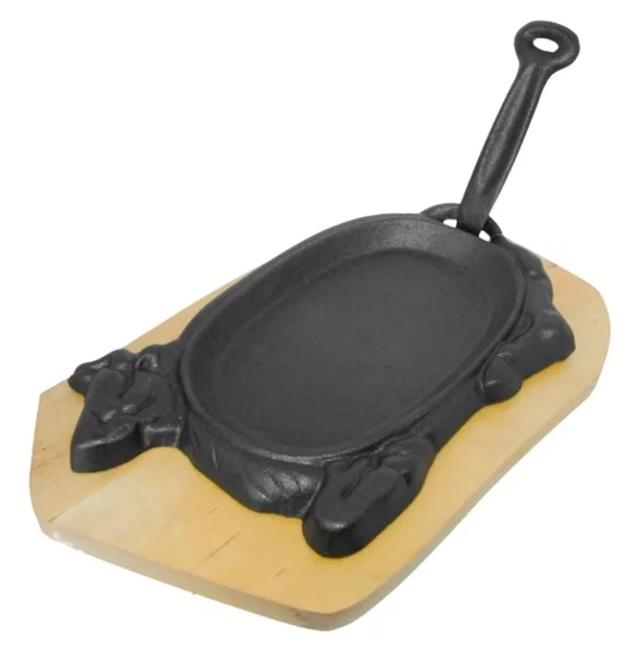 Cast Iron Bull Cow Shaped Sizzling Steak Plate with wooden tray