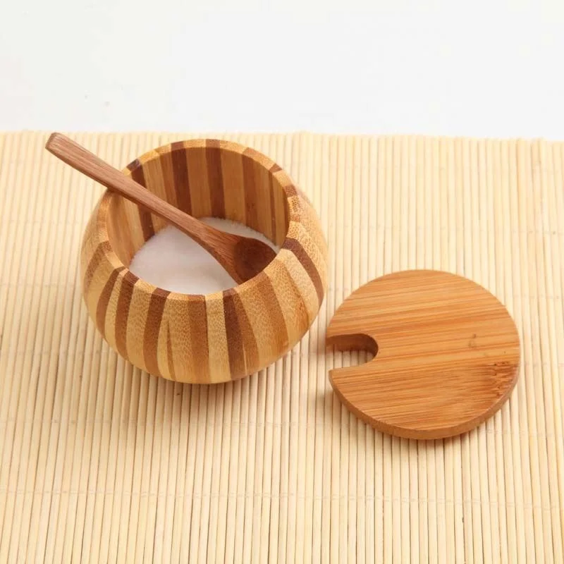 Natural bamboo salt and spice box with spoon hole spice jar salt shaker mixing bowl
