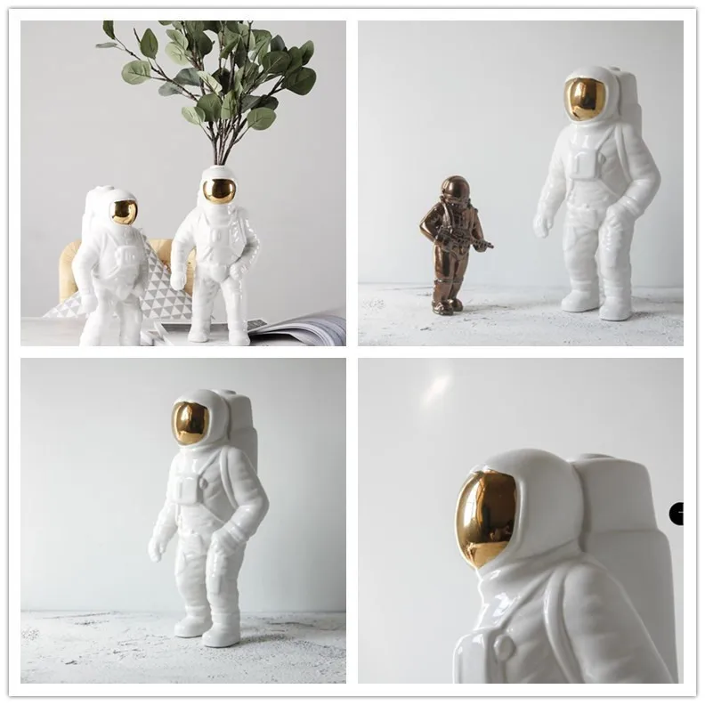 unique design white and gold ceramic flower astronaut  vase for home decor