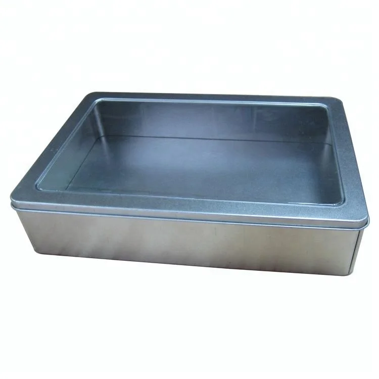 Серебристая металлическая жестяная коробка с прозрачным окошком, завод Dongguan