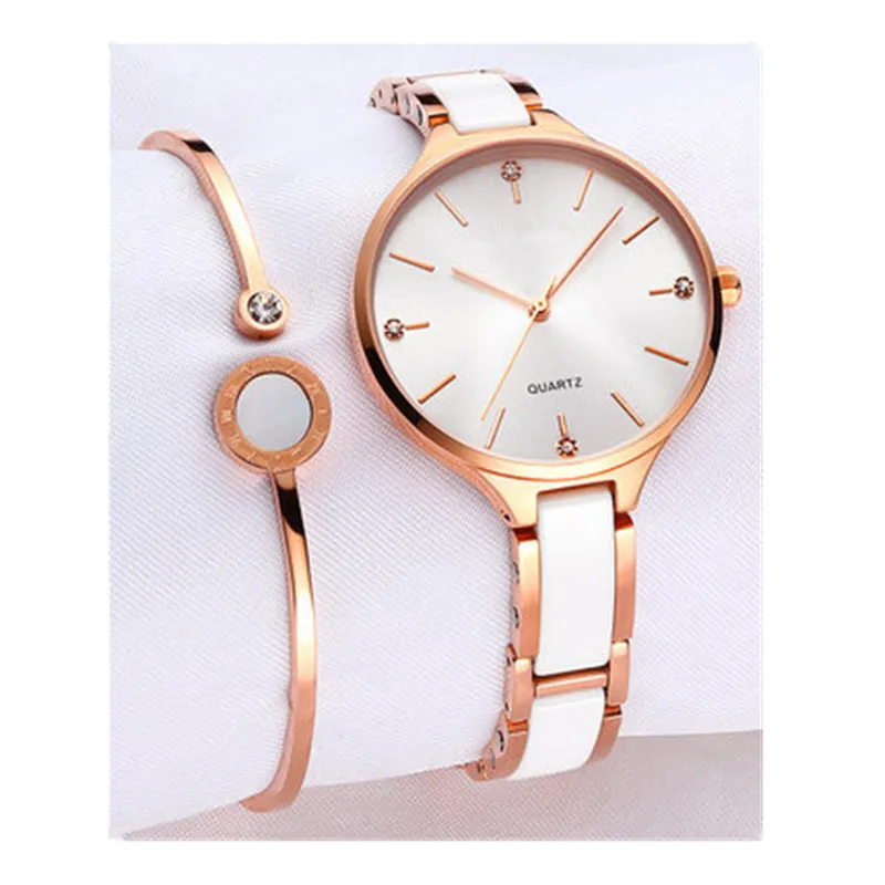 New fashion good quality watch set rose gold crystal ceramic female watches beautiful diamond face vogue mop lady bracelets