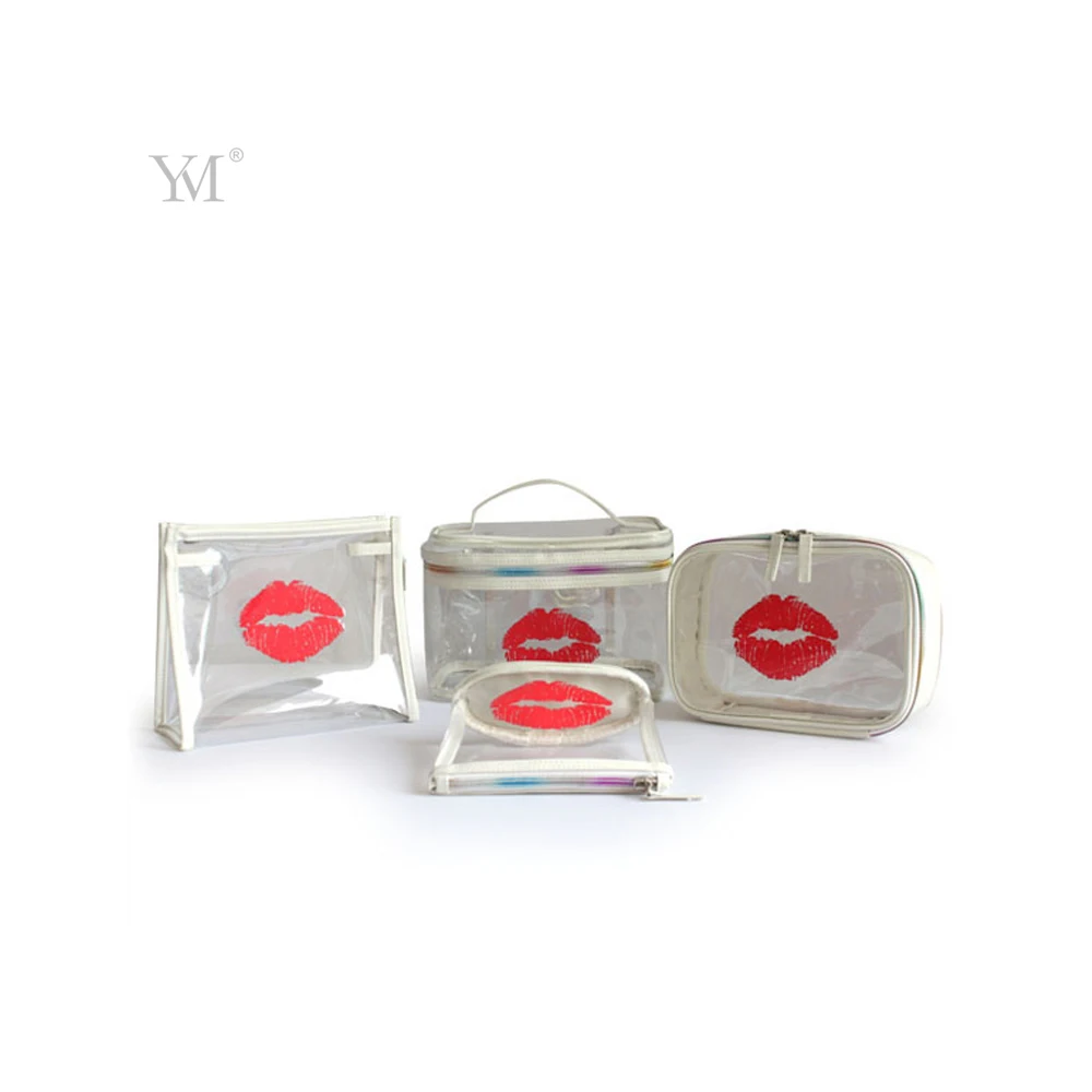 Luxury waterproof cosmetic packaging pouch oem zipper transparent pvc makeup bag with lips printed