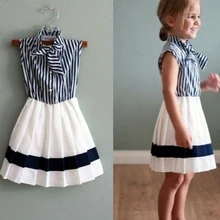2 7Y Navy Striped Child summer party sleeveless patchwork girls dress princess kids toddler clothes vestido