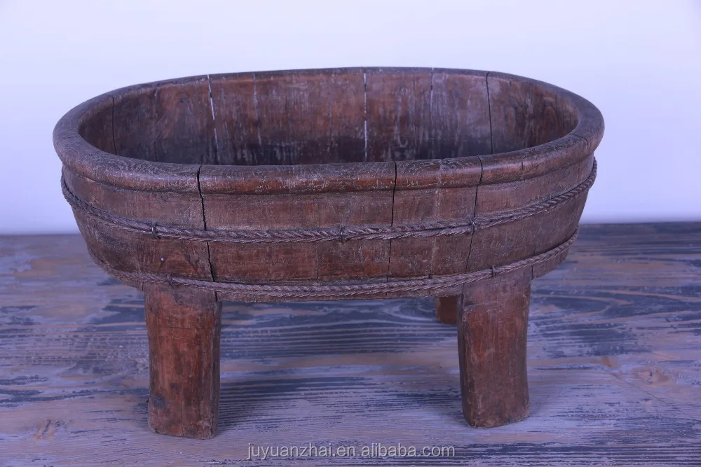 antique chinese wood recycle foot basin