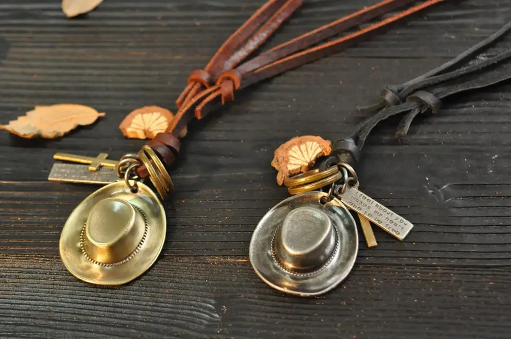 Fashion Hot Sale Cowboy Hat Retro Leather Rope Long Necklace Pendant Woman Man  Necklace