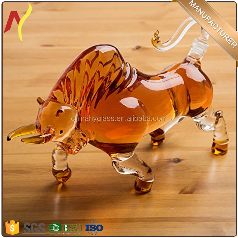 high clear bull shape animal shaped frosted glass beverage bottles / factory supply high quality dragon glass cork bottles 200ml