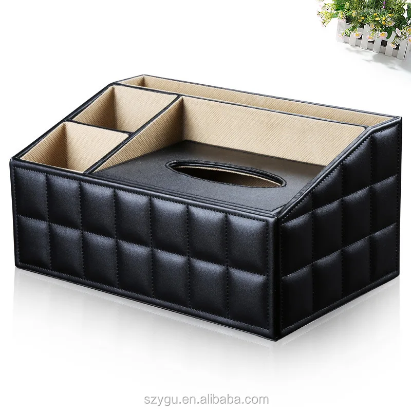 China Factory Pu Leather Tissue Box With Multifunction Remote Pen Holder