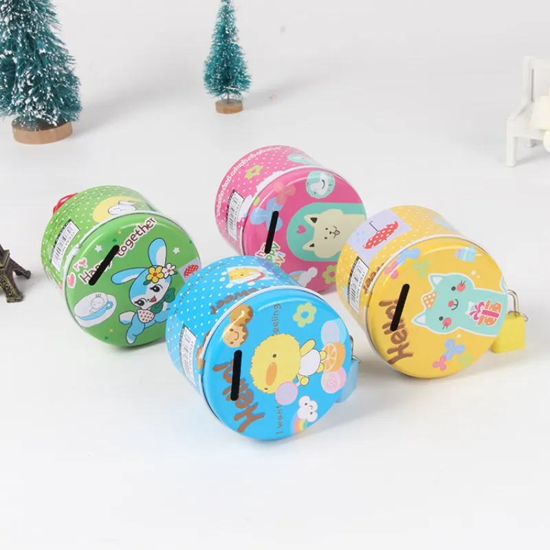 Promotion kids gifts cartoon tin can coin bank with lock