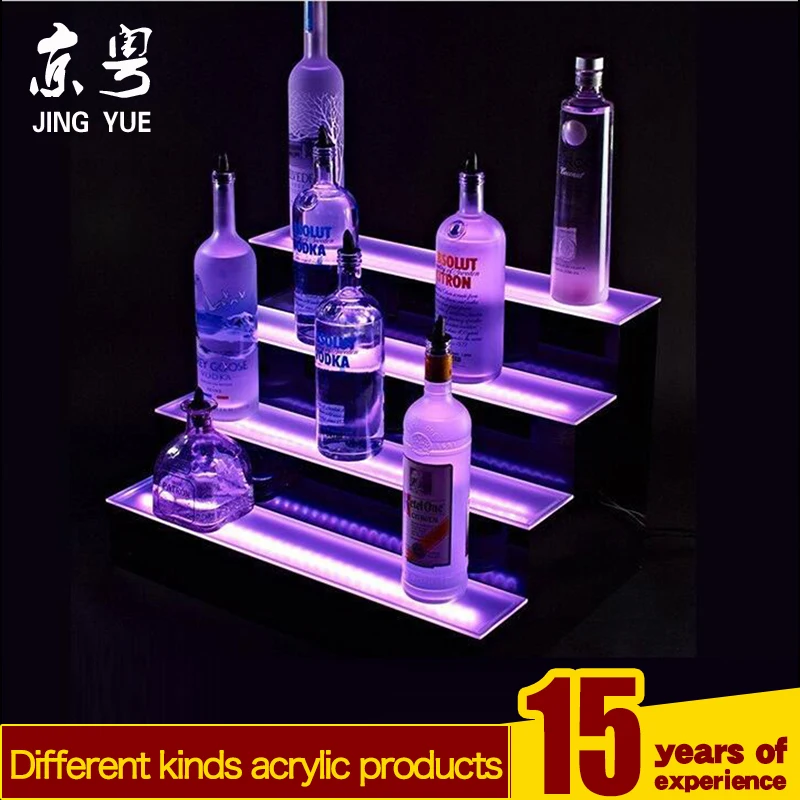 Factory custom hotel bar 3 tier pmma plexiglass floating led wine acrylic display shelf rack wine bottle glorifier display stand