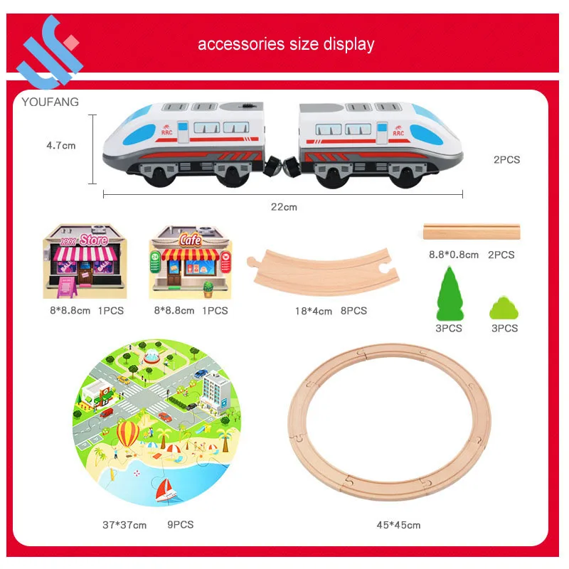 YF-Z2005 hottest educational 29PCS DIY urban rail traffic scene combined train set wooden train railway toy for kids