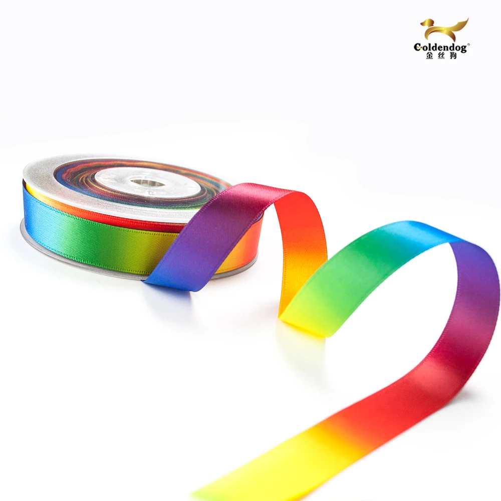 100% Polyester Heat-Transfer Printing Double Sided Satin Rainbow Ribbon