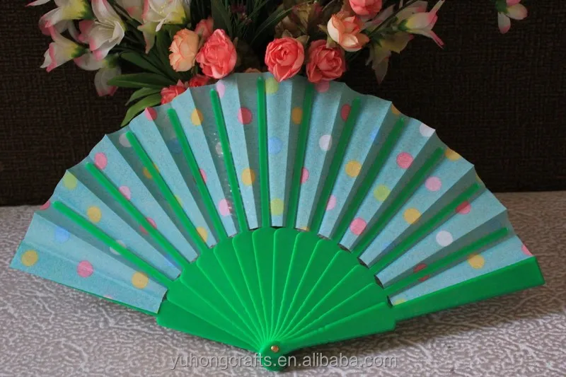Dot chart design fabric folding hand fans with plastic ribs