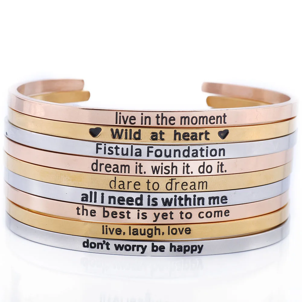 Wholesale Custom Logo 316L Stainless Steel Jewelry Engraved Inspirational Stamped Message Bangles Cuff Bracelets For Women