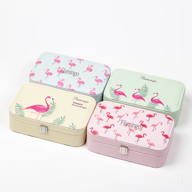 
Hot Sale Ins Style Flamingo Imprint Jewelry Organizer Pink Leather Travel Jewelry Case For Lady 