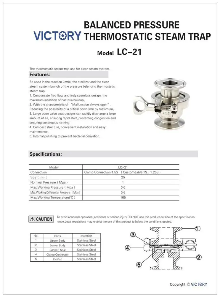 Quick-install Sanitary chuck connection Thermostatic Steam Trap