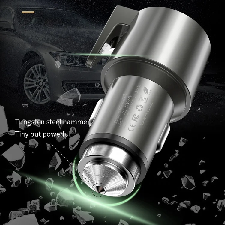 Mobile phone charging Dual USB QC3.0 Fast Car Charger with Seat Belt Cutter and Emergency Hammer Glass Breaker