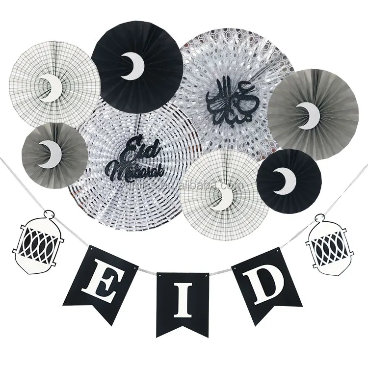 UMISS New Design EID MUBARAK Ramadan Decorations, Silver Black White Paper Fans, Banner