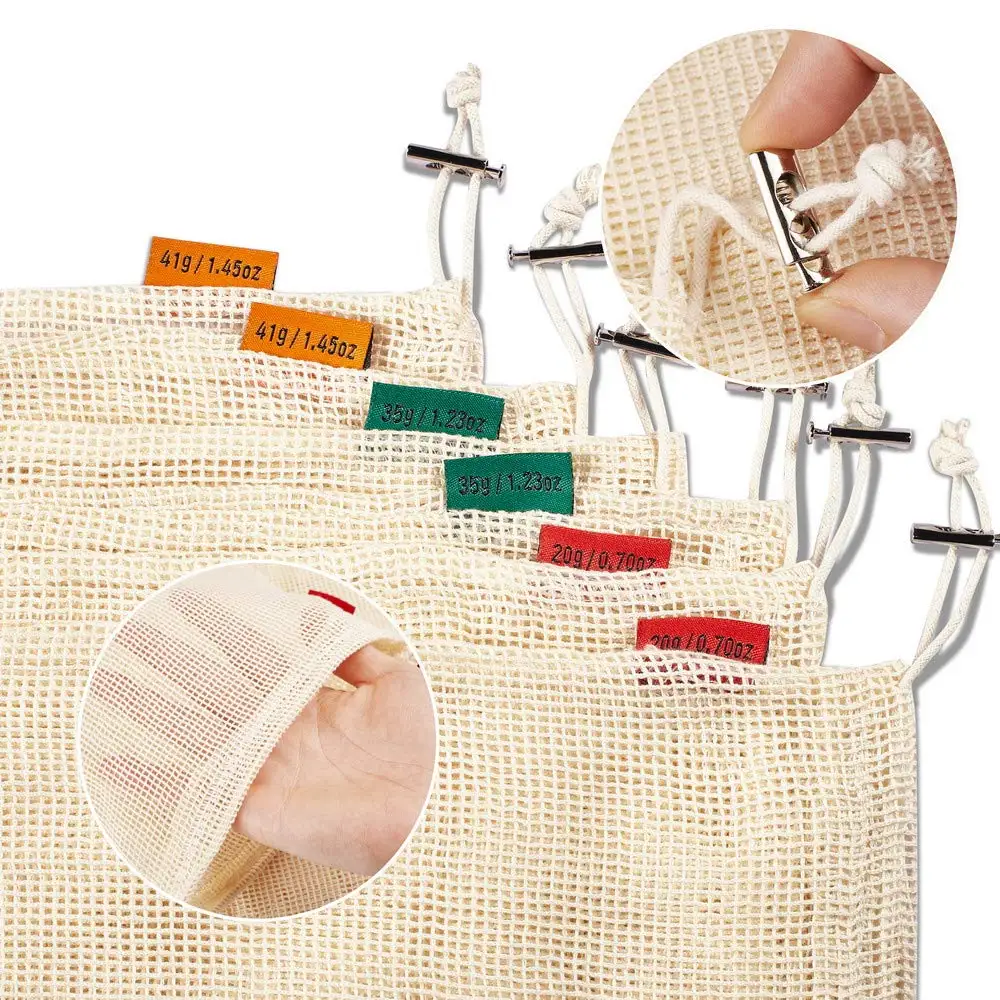 
Food Grade washable and reusable Cotton Mesh Produce Bag set for vegetable and fruit drawstring grocery shopping bags 