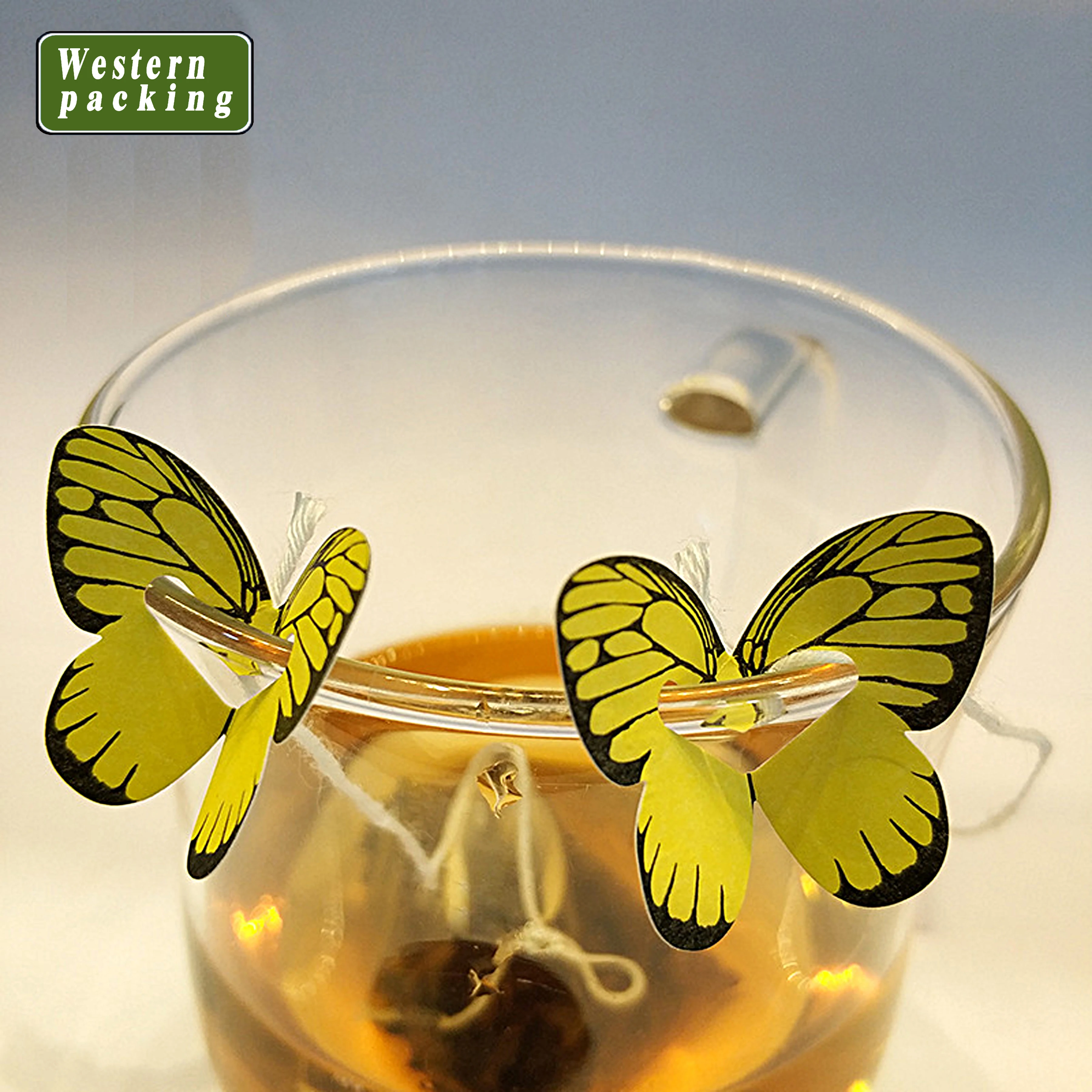 Customized logo printed empty nylon drawstring tea mesh bag with butterfly tag