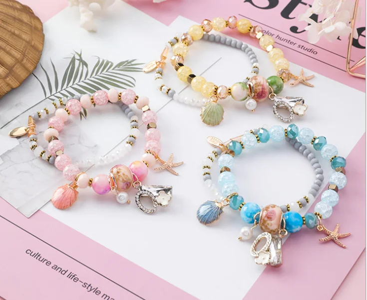 Ocean Sealife Charm Stretch Bead Bracelets Jewelry Girls Shell Moon Star Rabbit Glass Crystal Beads