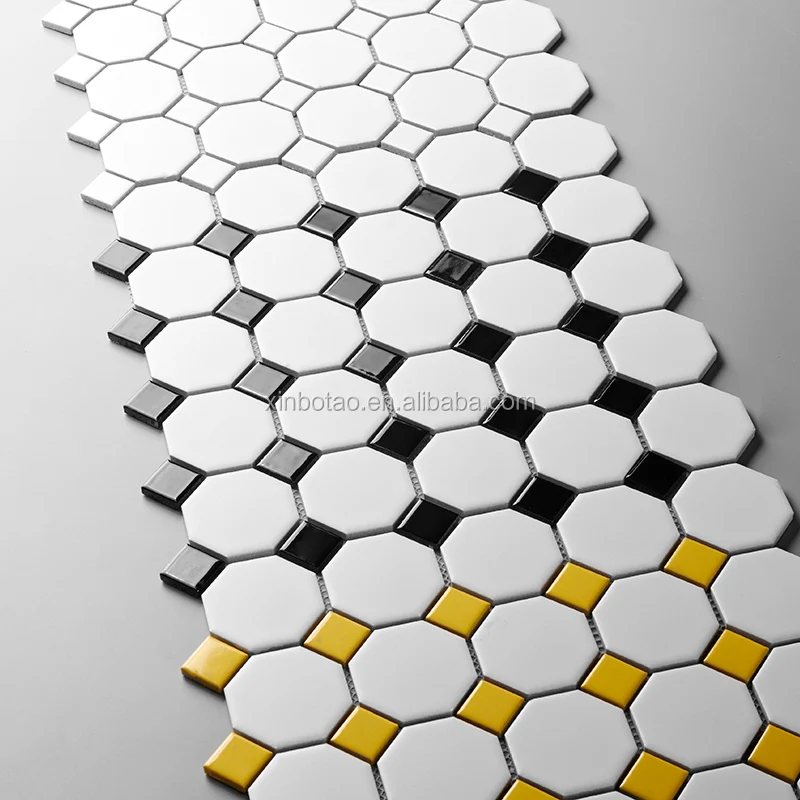 
Geometric black and white bathroom ceramic mosaic octagonal floor tile on sale 