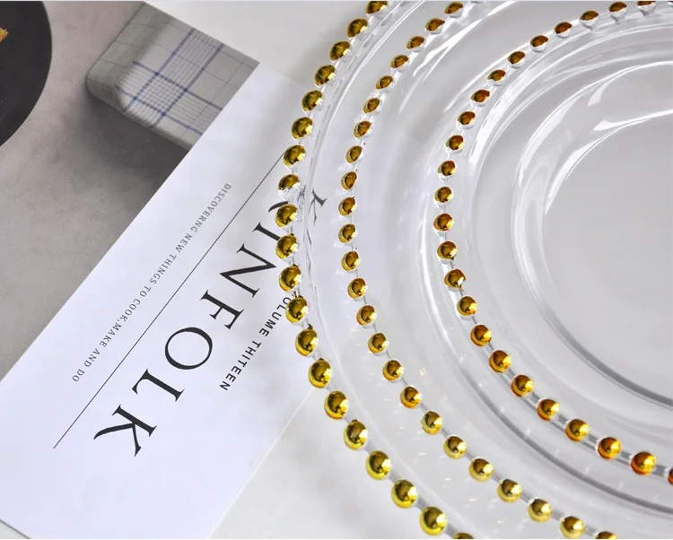 
Crystal beaded reef gold glass charger plates wed party underplates 