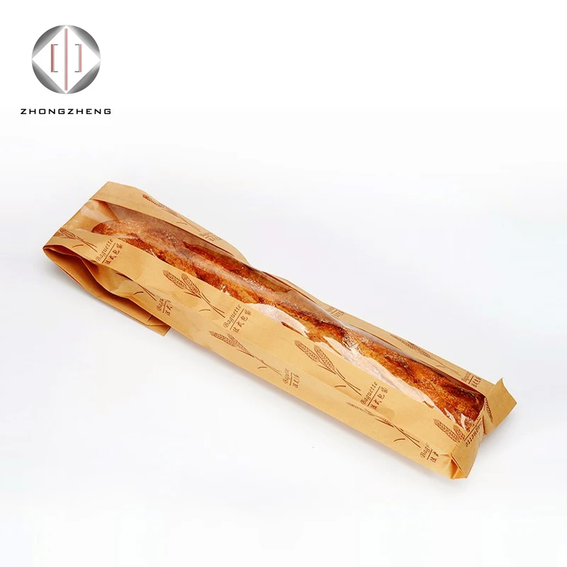 Sharp Bottom Window Baguette French Caterpillar Bread Bakery Paper Bag Food Package Kraft Paper Customized Flexo Printing Accept