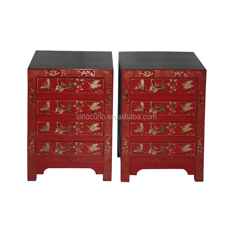 Antique bedroom drawers chest and gold painted bedside table cabinet
