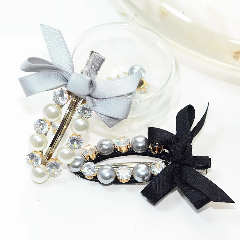 pearl rhinestone and dacron bow tie Alloy iron clip hair barrette for bangs