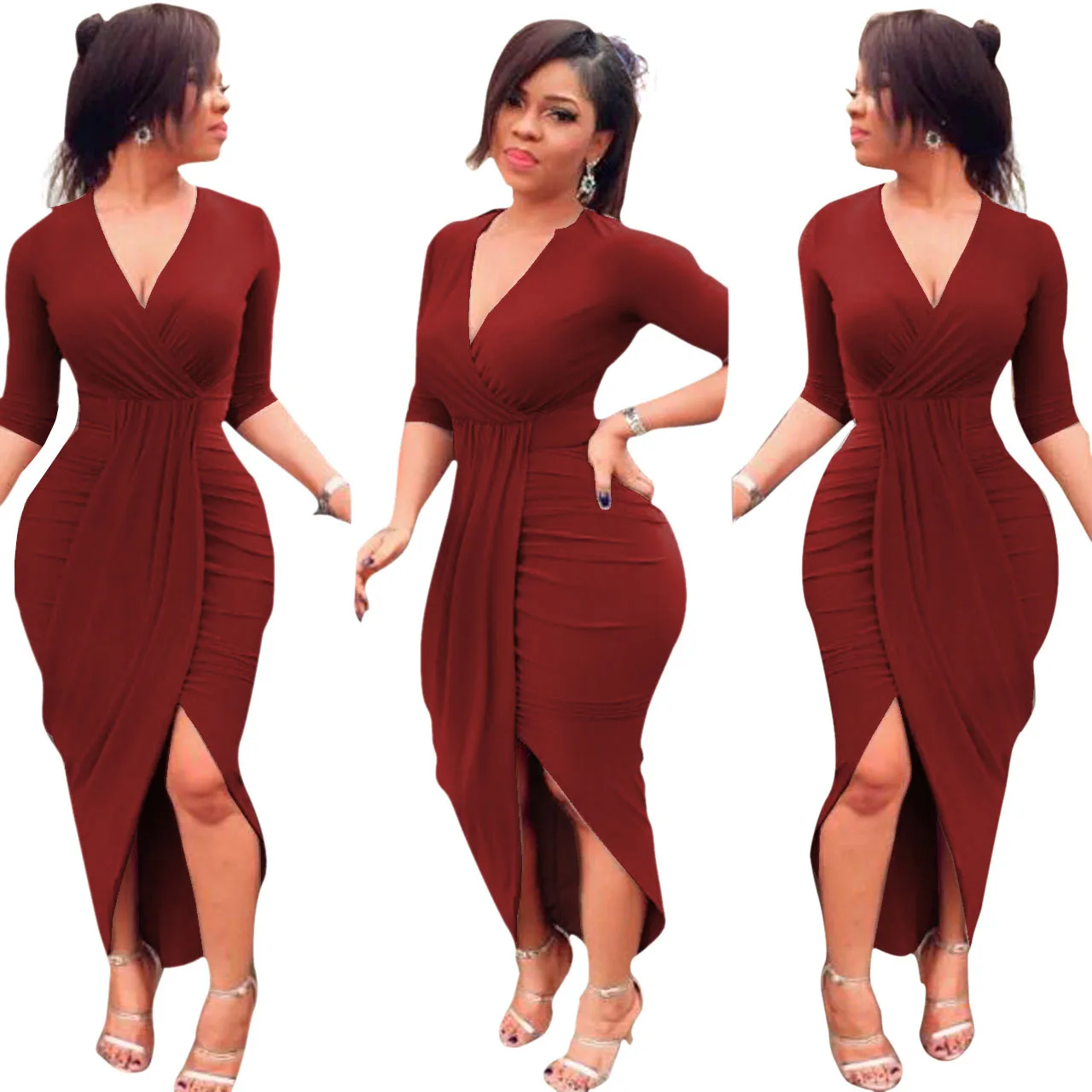 YQ29 Sexy V Neck Half Sleeves Asymmetrical Red Polyester Sheath Mid Calf Dress With Long Sleeve Maxi Dress
