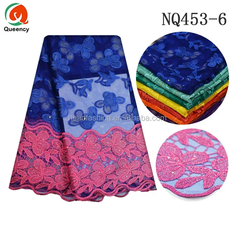 NQ453 Queency Custom African Bridal Embellished French Lace Fabric Tulle Wholesale with Pearls Beads and Stones