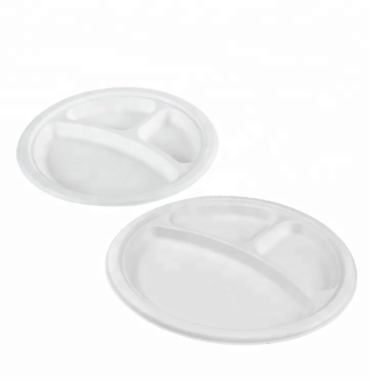 Легкий зеленый экологичный багассе целлюлоза 9 дюймов круглый 3 отсека одноразовые тарелки