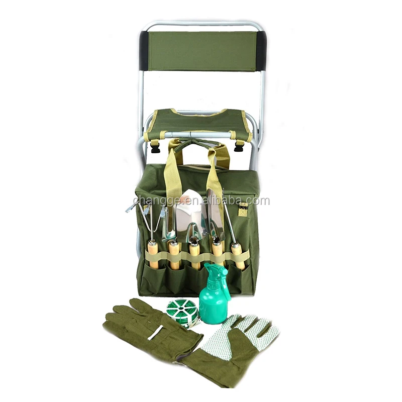 10-piece Gardening Tool Set including Folding Stool Seat with Backrest