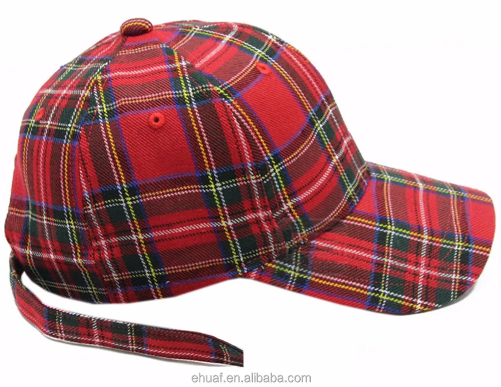 New adjustable strap closure peaked 6 panel structured baseball red grid plaid fashion caps hats