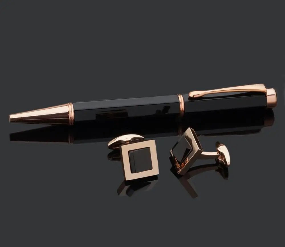Набор из ручки и запонок неправильной формы цвета розового золота и черного цвета