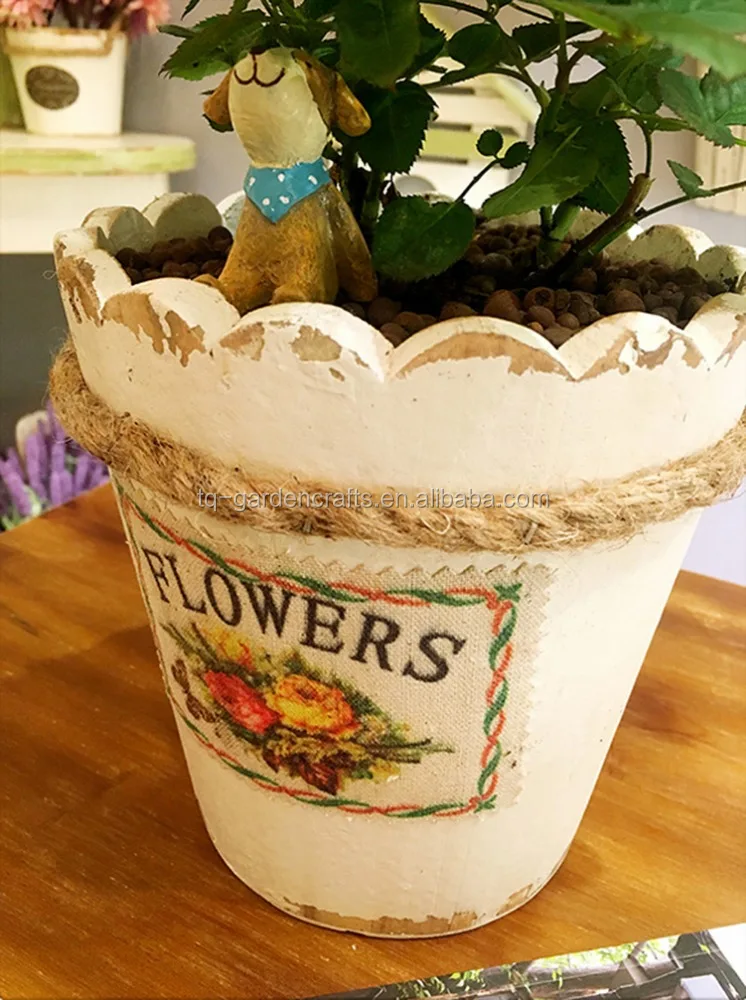 New cheap garden home decorative rustic shabby chic white Washed Wooden flower planter pot European style flowerpot