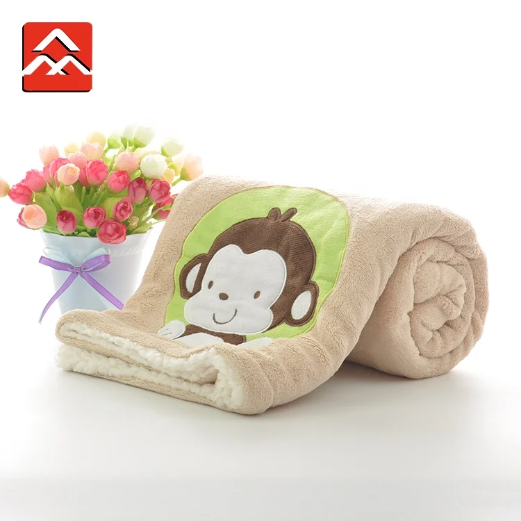 Double Sides Super Soft Coral Fleece Sherpa Animal Monkey Baby Blanket