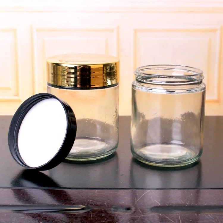 short round amber glass food packing storage jars