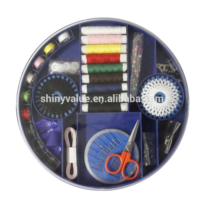 Complete Sewing Kit Box with 75pcs Accessories Big Blue round Plastic for Hand Sewing and Knitting for Office or Christmas