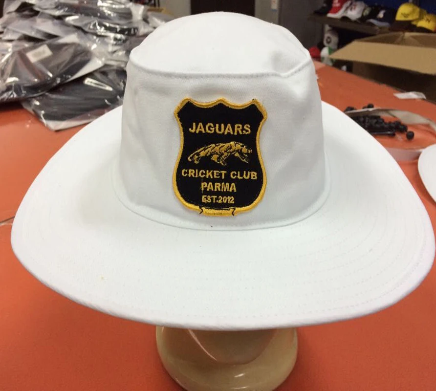 Mens custom white 100% cotton twill with yellow lining with embroidered logo patch sewn on front wide brim cricket hat