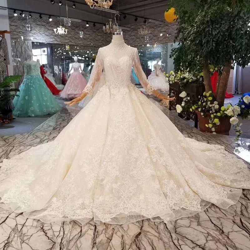 LS11067 jancember с длинным рукавом свадебное платье с высоким воротом платье для свадебной церемонии для девочки кружева ткань для свадебного платья