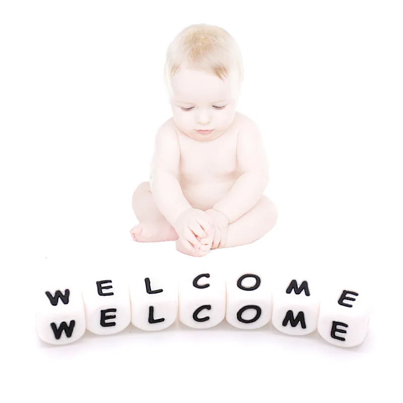 
12MM BPA Free Food Grade English Russian Letters Square Soft Silicone Chewing Baby Teething Alphabet Teether Beads 