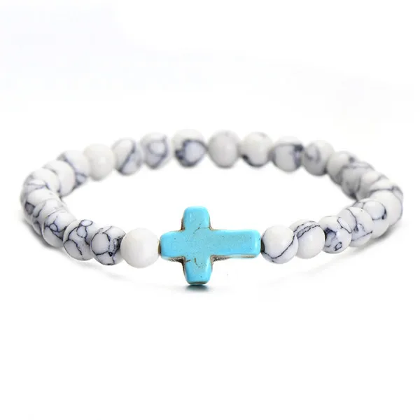 Natural Lava Stone Bead Turquoise Bracelets Beaded Cross Rosary Christian Agate Bracelet
