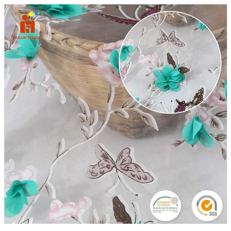 Factory direct sale Huilun textile 100% polyester 3d flower hand embroidery lace georgette digital printed fabric