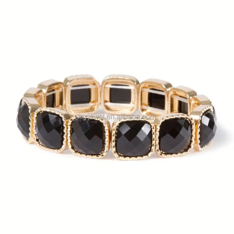 Square Stone and Beaded Metal Stretch Bracelet stretch gemstone bracelet